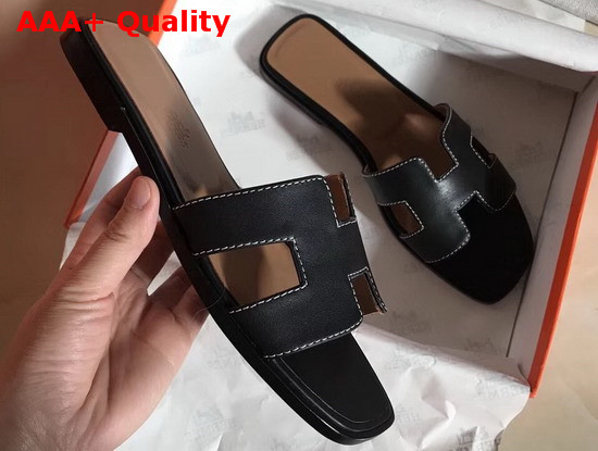 Hermes Oran Sandal in Black Box Calfskin Replica