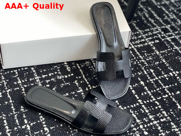 Hermes Oran Sandal in Black Lizard Effect Calfskin Replica