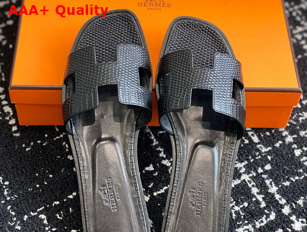 Hermes Oran Sandal in Black Lizard Effect Calfskin Replica