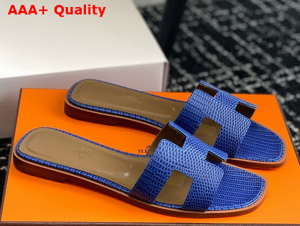 Hermes Oran Sandal in Blue Lizard Effect Calfskin Replica