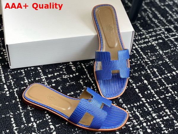 Hermes Oran Sandal in Blue Lizard Effect Calfskin Replica