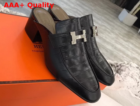 Hermes Paradis Mules in Black Alligator Leather Replica