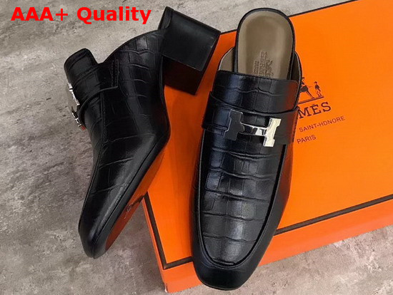 Hermes Paradis Mules in Black Alligator Leather Replica