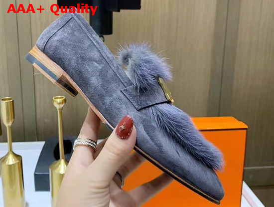 Hermes Paris Loafer in Grey Suede Goatskin and Mink with Permabrass Plated H Detail Replica