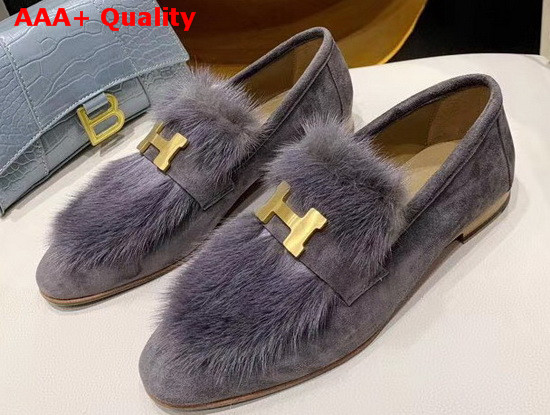 Hermes Paris Loafer in Grey Suede Goatskin and Mink with Permabrass Plated H Detail Replica