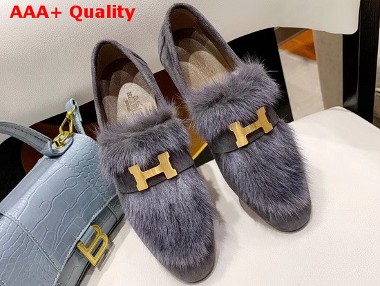 Hermes Paris Loafer in Grey Suede Goatskin and Mink with Permabrass Plated H Detail Replica