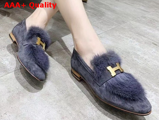 Hermes Paris Loafer in Grey Suede Goatskin and Mink with Permabrass Plated H Detail Replica