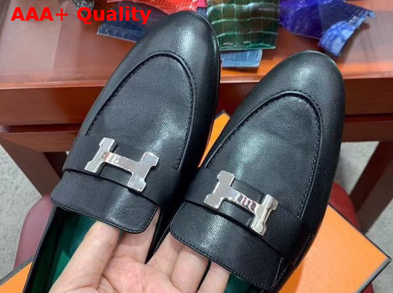 Hermes Paris Loafer in Noir Goatskin with Palladium Plated H Details Replica