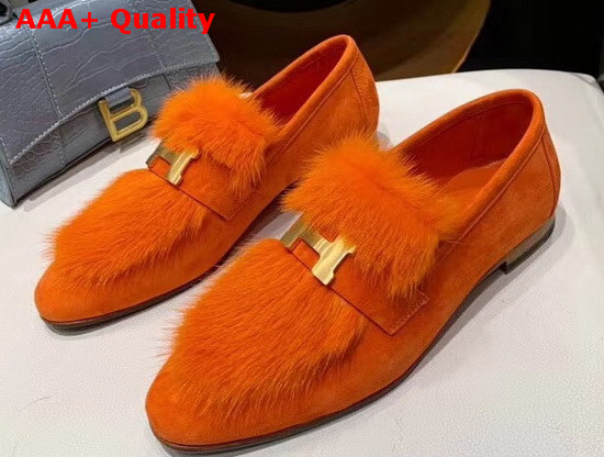 Hermes Paris Loafer in Orange Suede Goatskin and Mink with Permabrass Plated H Detail Replica