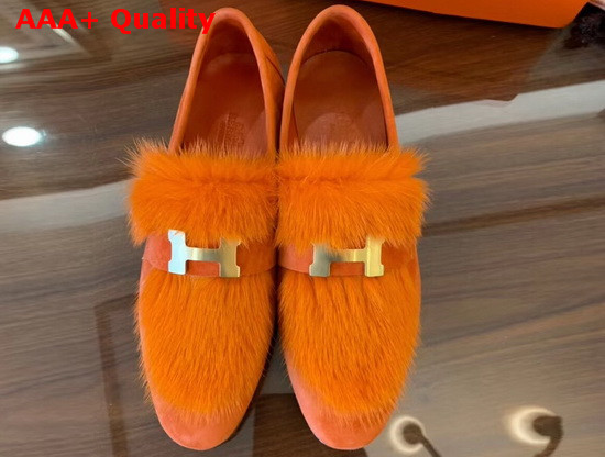 Hermes Paris Loafer in Orange Suede Goatskin and Mink with Permabrass Plated H Detail Replica