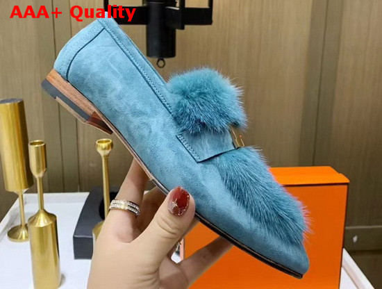 Hermes Paris Loafer in Sky Blue Suede Goatskin and Mink with Permabrass Plated H Detail Replica