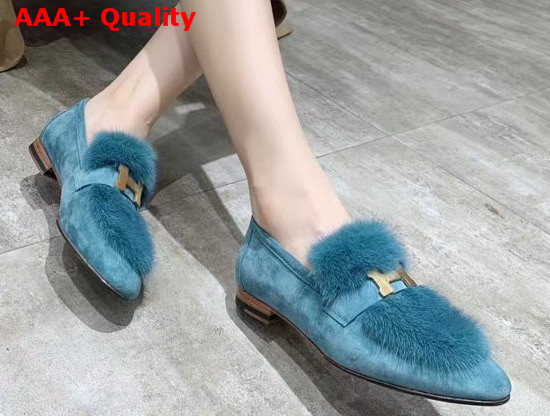 Hermes Paris Loafer in Sky Blue Suede Goatskin and Mink with Permabrass Plated H Detail Replica