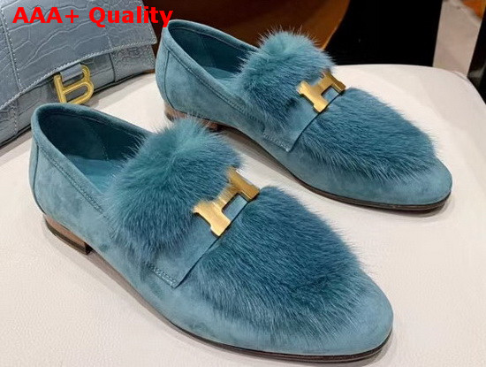 Hermes Paris Loafer in Sky Blue Suede Goatskin and Mink with Permabrass Plated H Detail Replica