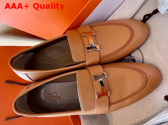 Hermes Paris Loafer in Tan Goatskin with Palladium Plated H Details Replica