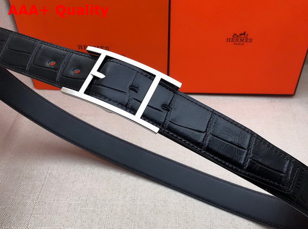 Hermes Quentin Reversible Belt in Black Crocodile Embossed Calfskin Replica