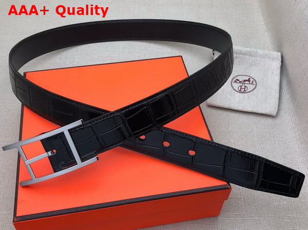 Hermes Quentin Reversible Belt in Black Crocodile Embossed Calfskin Replica