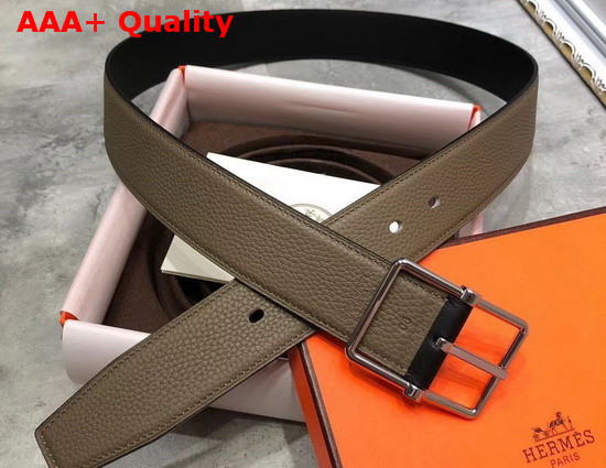 Hermes Saddle 38 Reversible Belt Grey and Black Togo and Box Calfskin Silver Buckle Replica