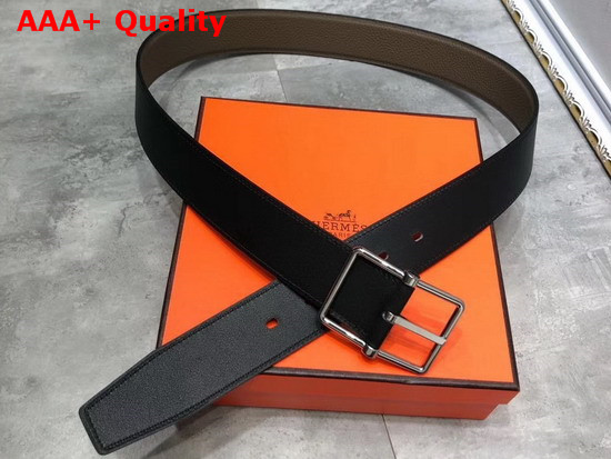 Hermes Saddle 38 Reversible Belt Grey and Black Togo and Box Calfskin Silver Buckle Replica