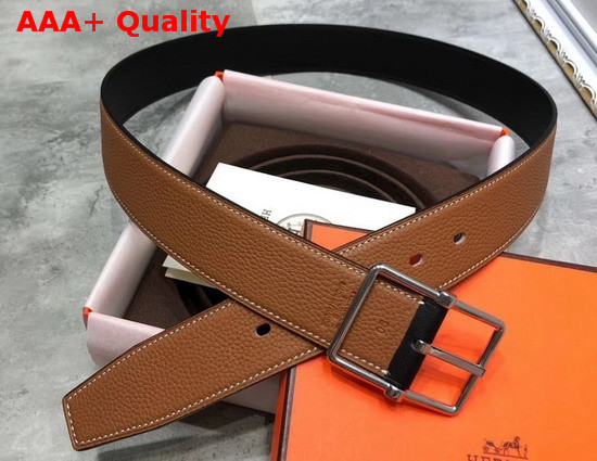 Hermes Saddle 38 Reversible Belt Tan and Black Togo and Box Calfskin Silver Buckle Replica