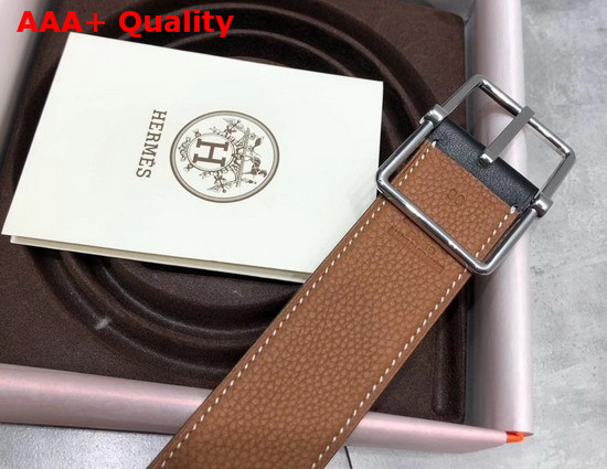 Hermes Saddle 38 Reversible Belt Tan and Black Togo and Box Calfskin Silver Buckle Replica