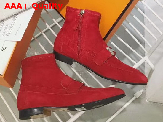 Hermes Saint Honore Ankle Boot in Rouge Piment Stretch Suede Goatskin with Palladium Plated H Detail Replica