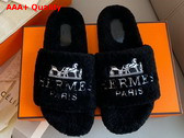 Hermes Shearling Sandal in Black for Women Replica