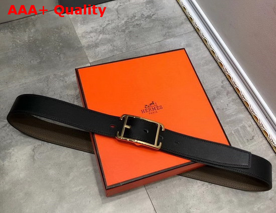 Hermes Society 32 Reversible Belt Grey and Black Box and Togo Calfskin with Gold Plated Buckle Replica