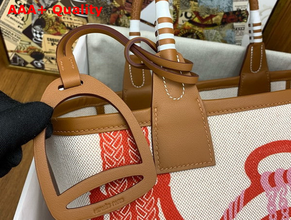 Hermes Steeple 25 Bag in H Plume Canvas with Fantaisie detriers Motif and Swift Calfskin Capucine Ecru Beige Cuivre Replica