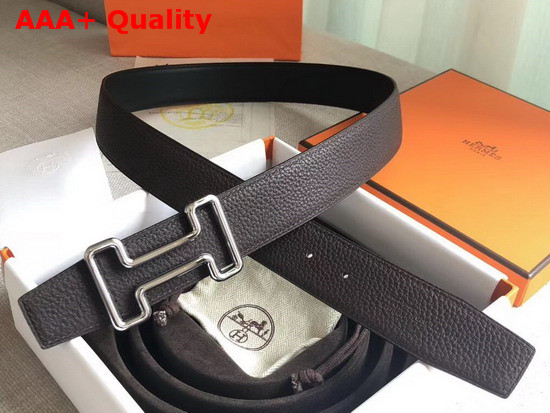 Hermes Tonight Belt Buckle Reversible Leather Strap 38mm in Togo Calfskin Chocolate and Black Replica