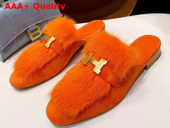 Hermes Trocadero Mule in Orange Suede Goatskin and Mink with Contrasting Lining and Permabrass Plated H Detail Replica