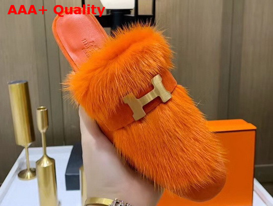 Hermes Trocadero Mule in Orange Suede Goatskin and Mink with Contrasting Lining and Permabrass Plated H Detail Replica