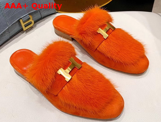 Hermes Trocadero Mule in Orange Suede Goatskin and Mink with Contrasting Lining and Permabrass Plated H Detail Replica