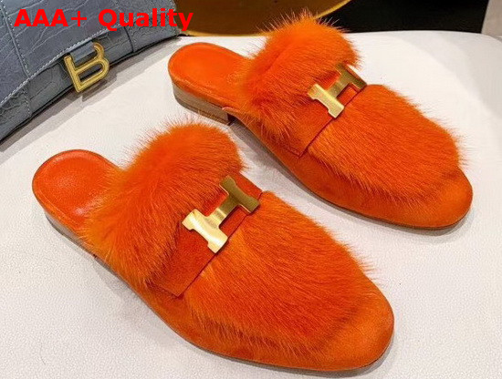 Hermes Trocadero Mule in Orange Suede Goatskin and Mink with Contrasting Lining and Permabrass Plated H Detail Replica