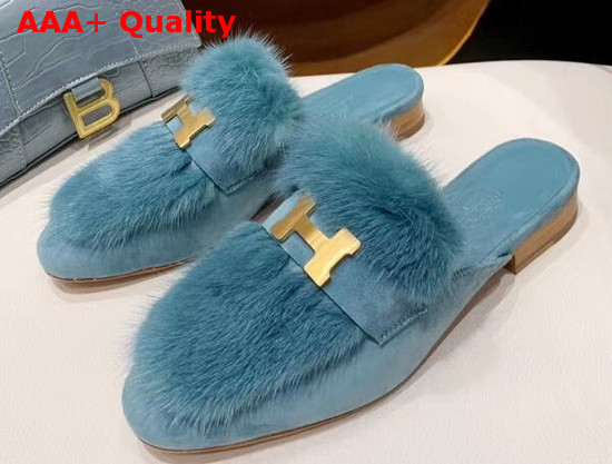 Hermes Trocadero Mule in Sky Blue Suede Goatskin and Mink with Contrasting Lining and Permabrass Plated H Detail Replica