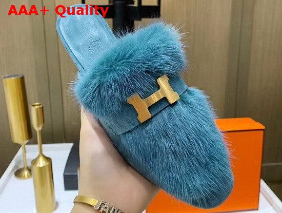 Hermes Trocadero Mule in Sky Blue Suede Goatskin and Mink with Contrasting Lining and Permabrass Plated H Detail Replica