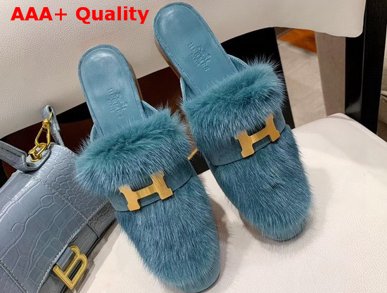 Hermes Trocadero Mule in Sky Blue Suede Goatskin and Mink with Contrasting Lining and Permabrass Plated H Detail Replica