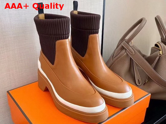 Hermes Vadrouille Ankle Boot in Calfskin and Ribbed Technical Canvas with Encased Soles and Midsoles Terre De Sienne Ebene Replica