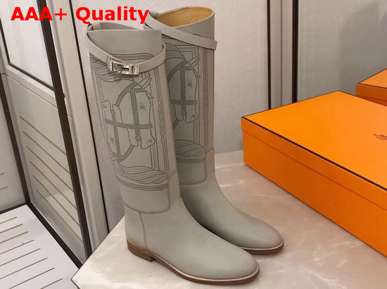 Hermes Variation Boot in Light Grey Monochromatic Calfskin with Iconic Buckle Perfotated Horse Motif Replica