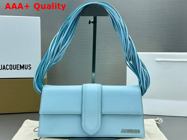 Jacquemus Le Bambino Long Ficiu Strand Strap Flap Bag in Light Blue Smooth Leather Replica