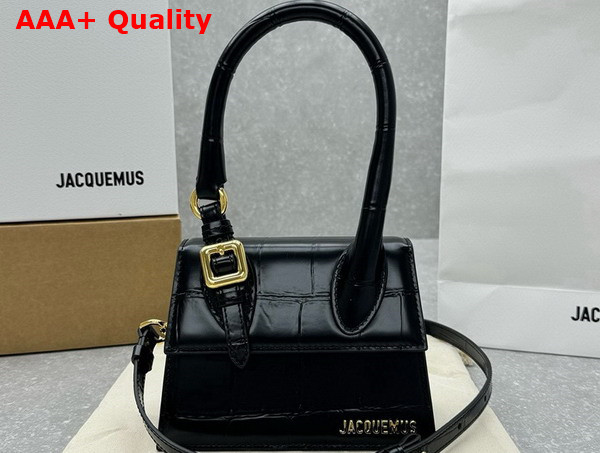 Jacquemus Le Chiquito Moyen Boucle Les Sculptures Signature Buckled Handbag in Black Croc Embossed Structured Leather Replica