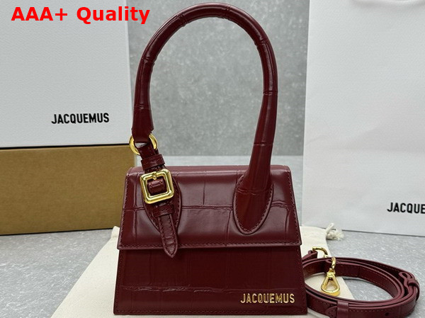 Jacquemus Le Chiquito Moyen Boucle Les Sculptures Signature Buckled Handbag in Dark Burgundy Croc Embossed Structured Leather Replica