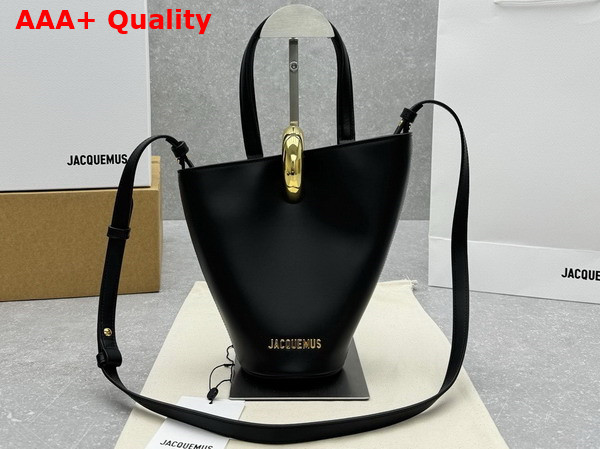 Jacquemus The Small Bambola Asymmetric Mini Bucket Bag in Black Smooth Leather Replica