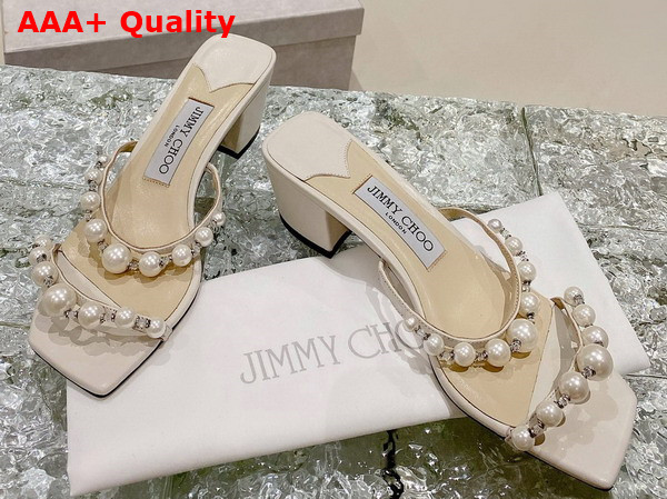 Jimmy Choo Amara 45 Beige Leather Mules with Pearl Embellishment Replica