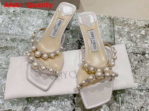 Jimmy Choo Amara 45 Champagne Shimmer Suede Mules with Pearl Embellishment Replica