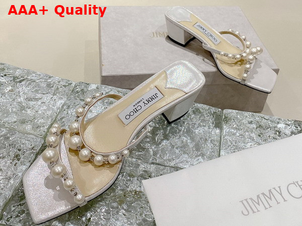 Jimmy Choo Amara 45 Champagne Shimmer Suede Mules with Pearl Embellishment Replica