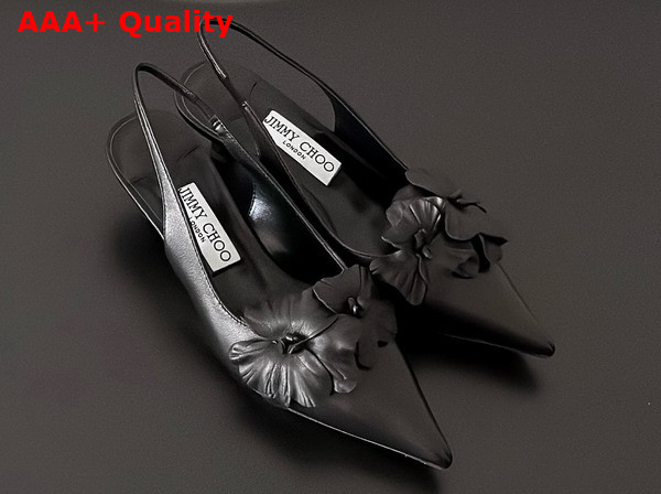 Jimmy Choo Amita Flowers 45 Black Nappa Leather Sling Back Pumps with Flowers Replica