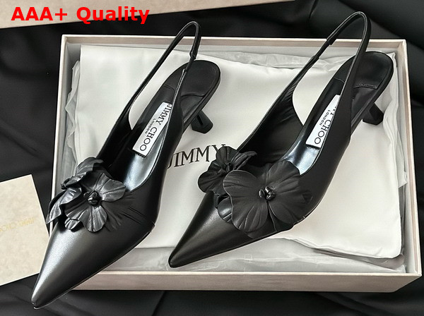 Jimmy Choo Amita Flowers 45 Black Nappa Leather Sling Back Pumps with Flowers Replica