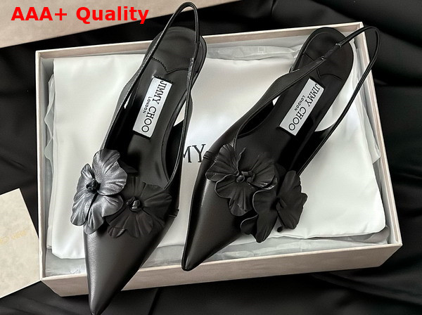 Jimmy Choo Amita Flowers 45 Black Nappa Leather Sling Back Pumps with Flowers Replica