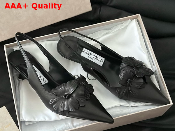 Jimmy Choo Amita Flowers 45 Black Nappa Leather Sling Back Pumps with Flowers Replica