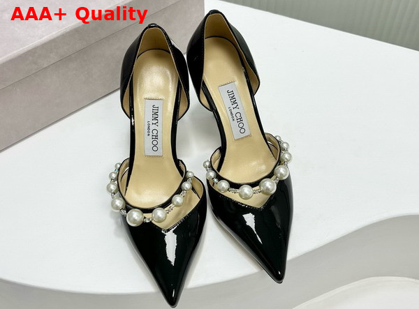 Jimmy Choo Aurelie 65 Black Patent Leather Pointed Pumps with Pearl Embellishment Replica